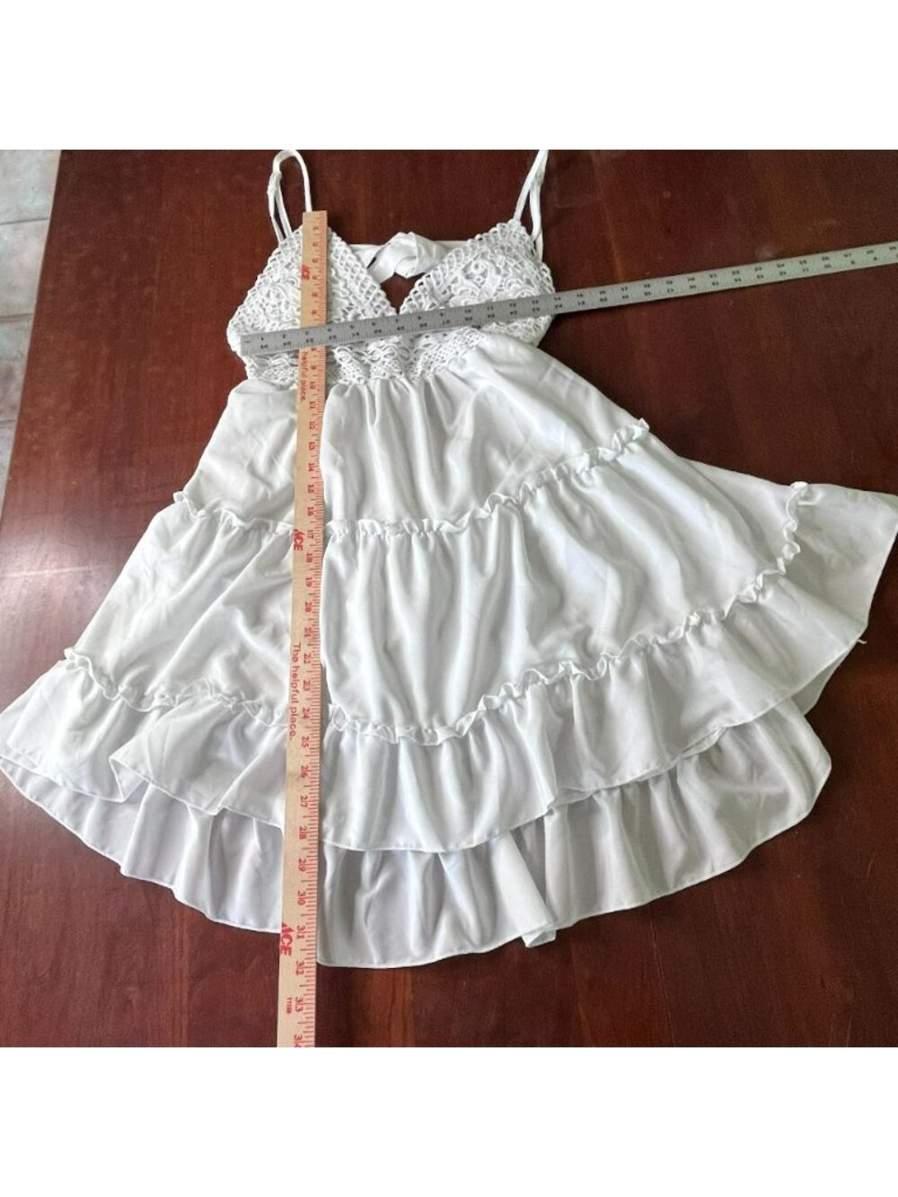 Mini Dress sz L Babydoll Beachy Wedding Coquette Lace Tiered Ruffled Hi Lo White - Picture 4 of 8